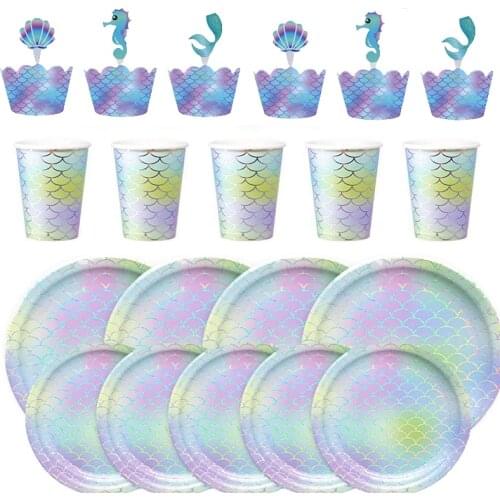 Mermaid Birthday Party Disposable Tableware Decoration Supplies Birthday Party For Little Mermaid Happy Birthday Decoration