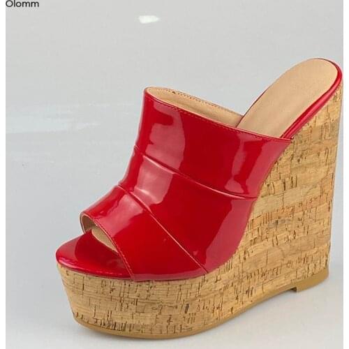 Olomm Women Shiny Platform Mules Sandals Sexy Wedges High Heel Sandals Open Toe Gorgeous Red Party Shoes Women US Plus Size 5-20