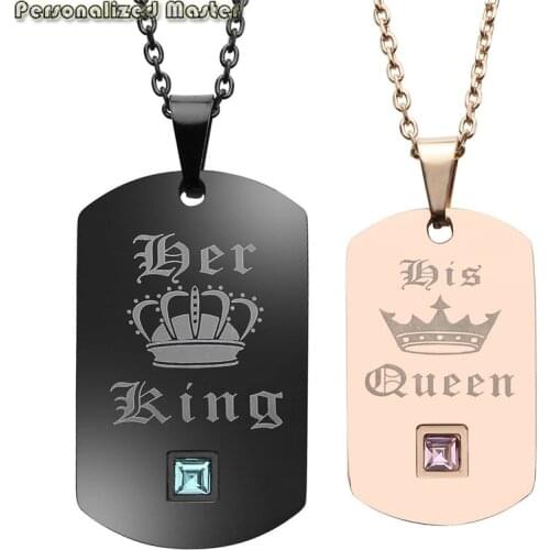 Personalized Master Free Engraved Stainless Steel "Her King His Queen" Dog Tag Pendant Necklace with zircon for couples 2pcs