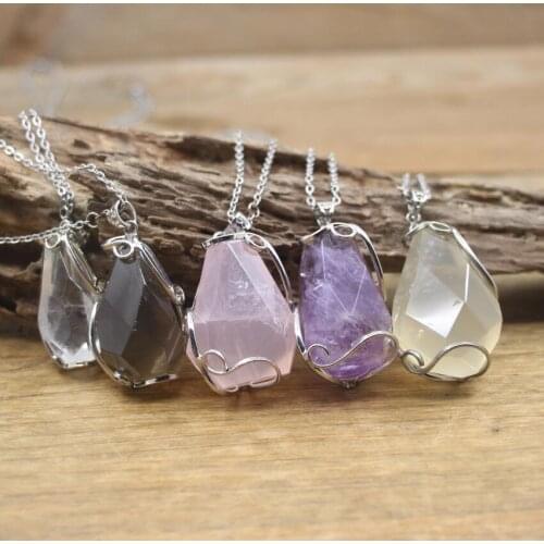 Large Amethysts Smoky/Rose Quartzs Faceted Nugget Pendants Necklace,Healing Crystal Citrines Charm Women Jewelry Dropship,QC3092