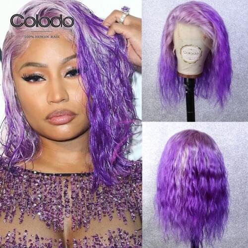 Ombre Purple Wet and Wave Lace Front Wig Pre Plucked Pink Green Short Wig With Baby Hair Lace Front Human Hair Wigs COLODO