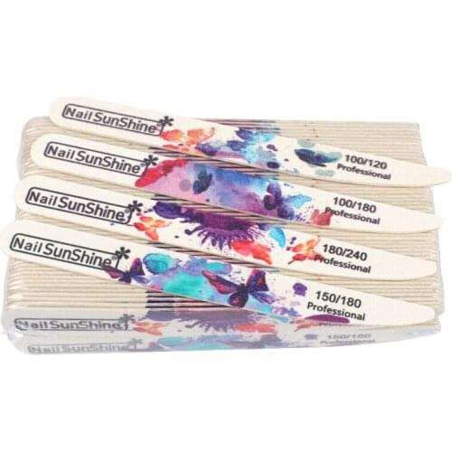 50pcs/lot Wooden Nail file 100/180/240 Double Sided Wood Sandpaper Files For Manicure Butterfly Printed Professional Buffers Set