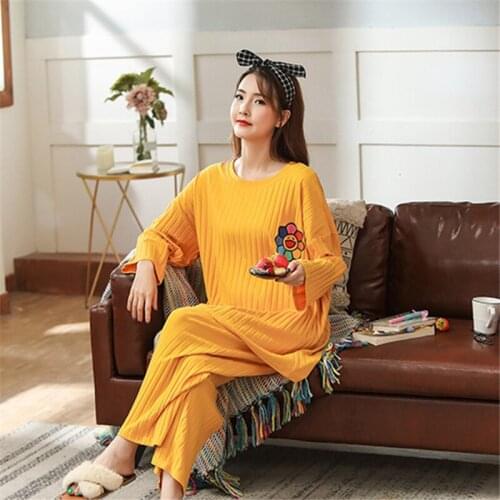 Pajamas women autumn and winter pits oversized cotton long-sleeve trousers printed home service sexy nightgown ночнушка robe