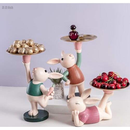 European Cute Carrot Rabbit Tray Resin Animal Sculpture Figurines Living Room Desktop Decoration Crafts Candy Fruit Storage Tray