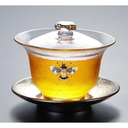 Gold Painted Hammer Pattern Glass Cover Bowl Thickened Heat-resistant Kungfu Tea Cup Crystal Sancai Gaiwan Transparent Tea Bowl