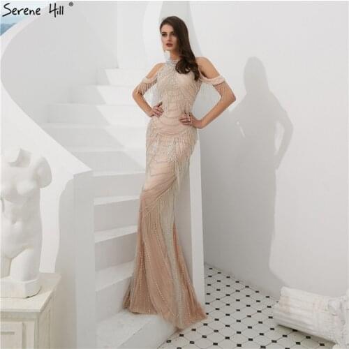 Silver Backless Mermaid Design Evening Dresses Sexy Tassel Beading Luxury Evening Gowns For Women Real Picture LA6229