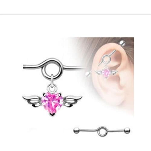 New Stainless Steel Ear Bone Nail Piercing Cute Pink Heart Wings Earring Body Piercing Ear Tunnel Women Stud Earrings Jewelry