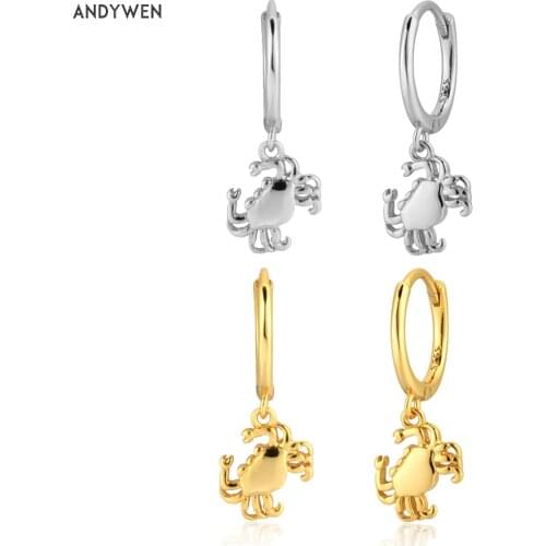 ANDYWEN 200 New 925 Sterling Silver Gold Crab Pendant Drop Earring Piercing Clips Pendiente Fashion Party Simple Jewelry