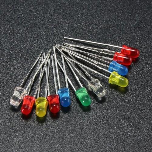 100 3mm LED Emitting Diodes Light Kit Round Top Diffused White Yellow Red Blue Green Assortment For DIY Lighting