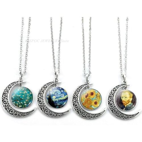 Van Gogh Art Crescent Moon Necklace Glass Cabochon Jewelry Starry Night Sunflower Oil Painting Fashion Pendant Girl Women Gift