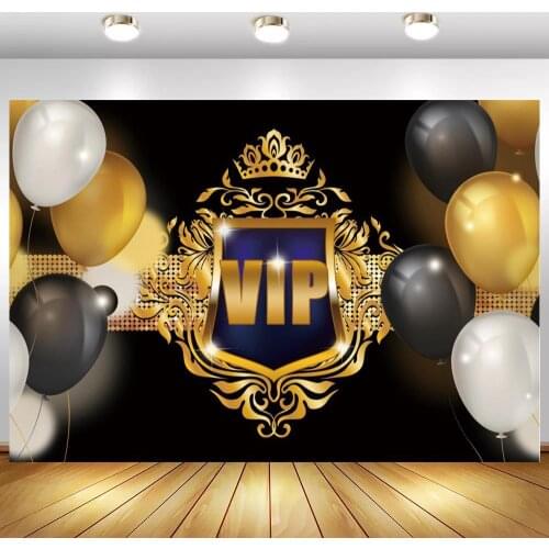 VIP Birthday Party Backdrop Photo Shoot Adult Kids Birthday Cake Table Background Decor Gold Balloons Glitter Black Backdrops