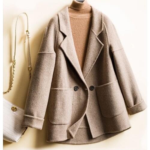 High Quality Solid Double-faced Cashmere Woolen Coat For Women Autumn New Casual Plus size Slim Big Pocket Wool Outerwear Female