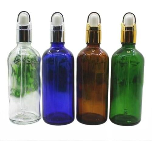 100ml green/blue/brown/clear glass bottle with gold silver basket lid white black bulb essential oil serum liquid skin packing