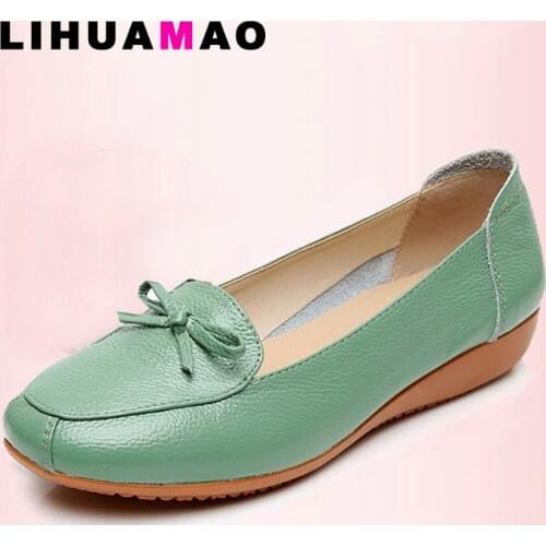 LIHUAMAO Leather women flats slip on butterfly loafers soft comfortable health shoes for student nurse mother party work cute