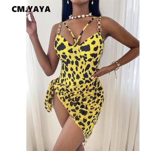 CM.YAYA Women Bikinis Set Print Elastic Spaghetti Strap Bodysuit Bandage Skirts Two Piece Sets Sexy Beachwear Summer Swimsuit