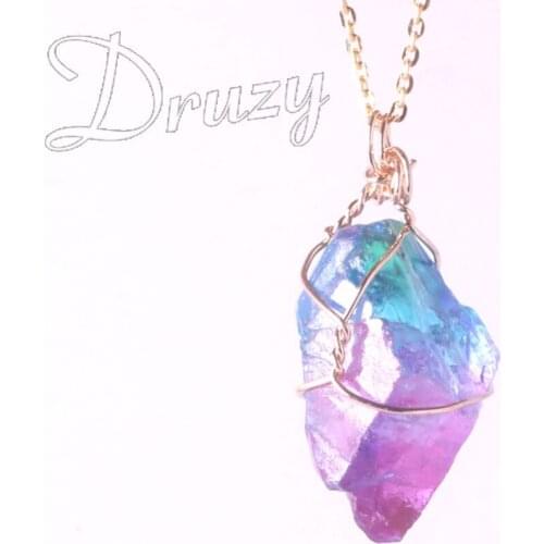 Druzy 1PC Rainbow Natural Stone Simple Wire Wrapping Crystal Transparent Pendant Irregular Necklace Pendant Womens Necklace