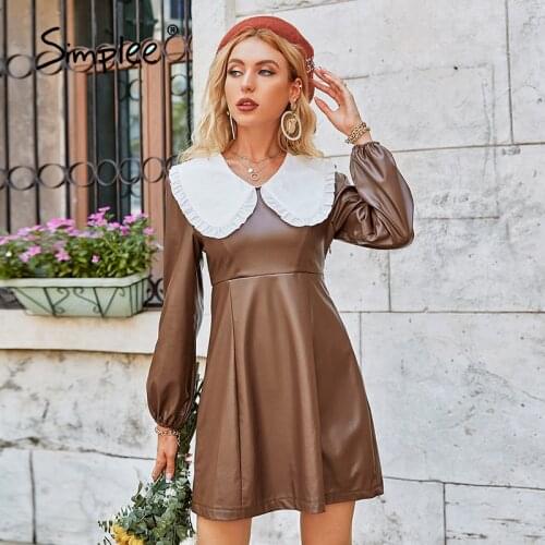 Simplee Vintage peter pan collar leather patchwork lantern sleeves dress women High waist ruffle mini dress Solid A-line vestido
