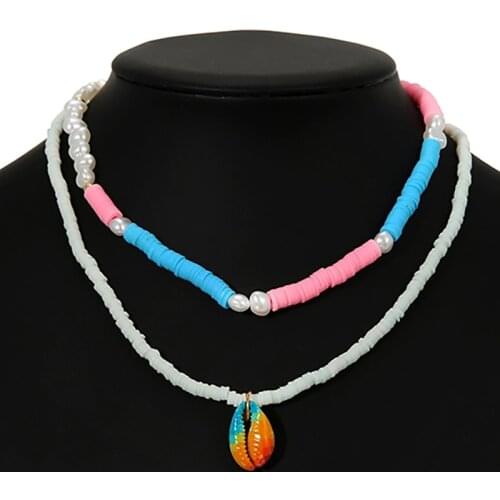 ZHINI 2021 Fashion Pink Blue Soft Pottery Handmade Chain Necklaces for Women Simple Charming Pearl Statement Necklace Jewelry