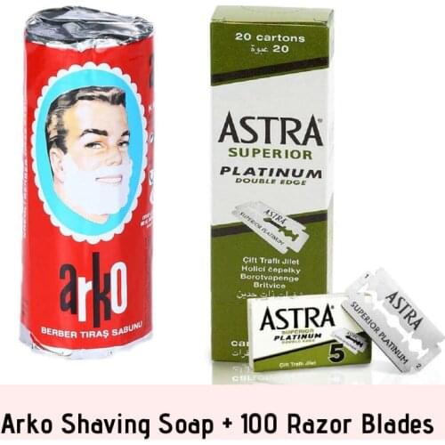 100 Astra üstün platin çift kenar yan tıraş bıçağı + Arko tıraş sabunu