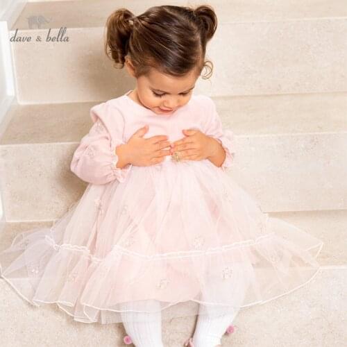 DBJ17132 dave bella spring baby girls cute floral embroidery mesh dress children fashion party dress kids infant lolita clothes