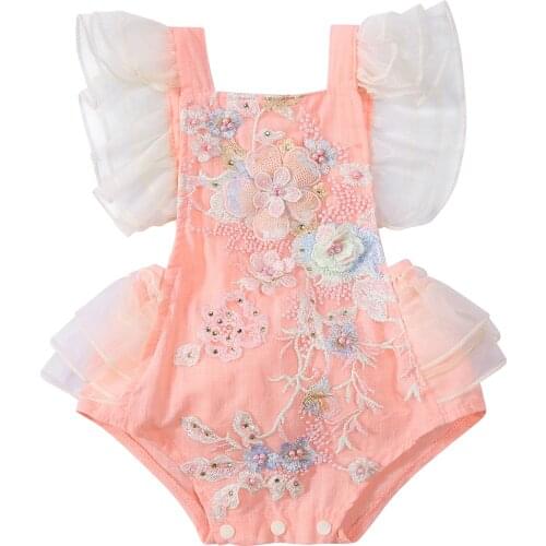 2021 0-24M Summer Toddler Baby Girl Romper Sweet 3D Pearls Mesh Flower Fly Sleeve Bow Backless Ruffle Tutu Playsuit Jumpsuit