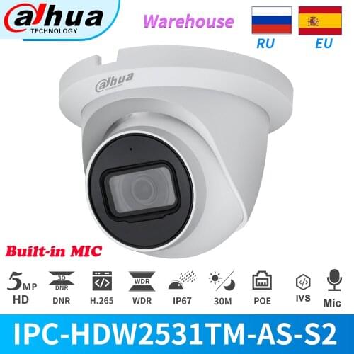 Dahua IP Camera 5MP IPC-HDW2531TM-AS PoE IR 30M Built-in Mic Support SD Card H.265+ Onvif IP67 Video Surveillance Cameras Dome
