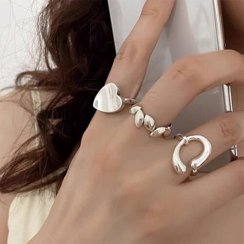 Minar Simple Multi-Type Glossy Love Heart Irregular Round Charm Rings for Women Gold Silver Colour Metal Rings Accessories