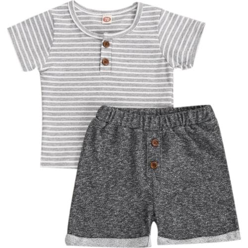0-24M Newborn Baby Boys Causal Clothes Sets Grey Striped Print Short Sleeve T Shirts Tops Shorts