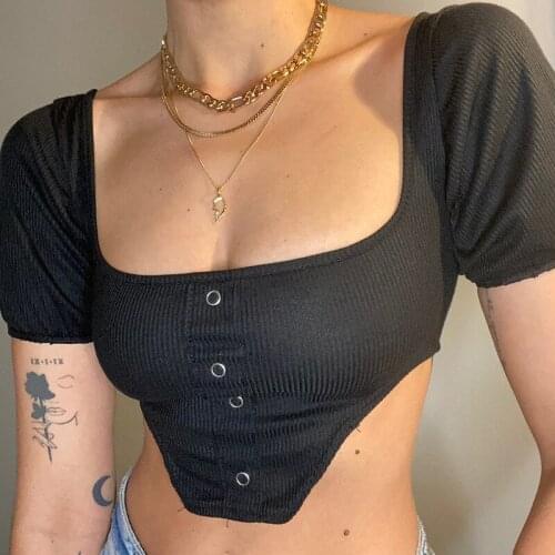 Summer Fashion Women Ribbed Short Sleeve Square Neck Crop Top T-Shirt Sexy Irregular Hem Buttoned Tight High Street Clothing Top