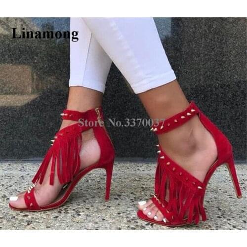 Summer New Design Ladies Cute Open Toe Suede Leather Rivet Tassels Gladiator Sandals Red Beige Back Zipper-up High Heel Sandals