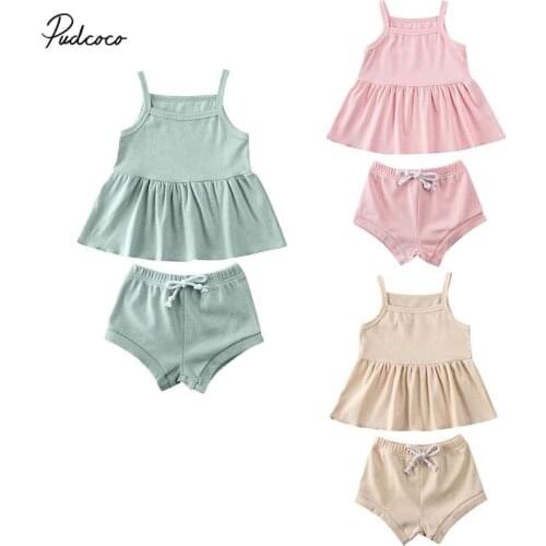 2020 Baby Summer Clothing 2PCS Infant Baby Girl Clothes Solid Sleeveless Tops Dress+Shorts Pants Ribbed Outfits