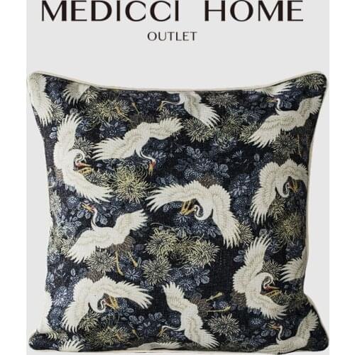 Medicci Home Japanese Throw Pillow Cover Asian Oriental Cranes Flying Bird Floral Decorative Cushion Case For Sofa Couch Bedroom