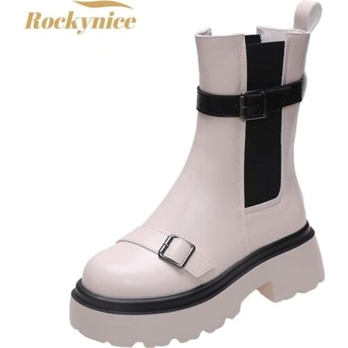 Autumn Luxury Chelsea Boots 2021 Women Ankle Boots Thick-soled Winter Shoes Platform Punk Boots Chunky Heels Leather Boots 6cm