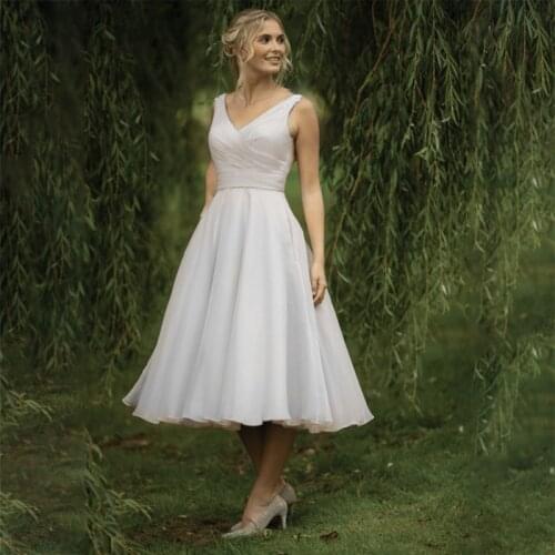 Simple Short Satin Wedding Dress V Neck Sleeveless Backless A Line Mid Calf Bridal Dress Custom Plus Size Vestido De Noiva