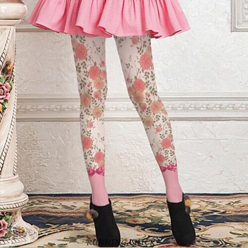 Pink Flower Bow Pantyhose Printing Women Autumn And Winter Socks