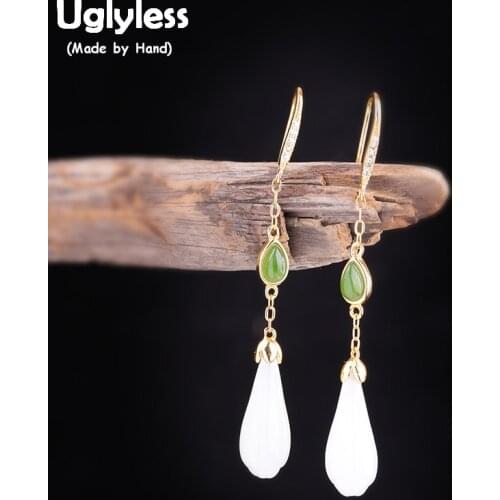 Uglyless Fashion Simple Women Elegant Natural Jade Earrings Gemstone Magnolia Flower Earrings Gold Real 925 Silver Brincos E1905