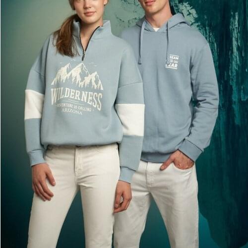 Stand Collar Color Block Printed Sweatshirt nonhooded new season winter womens hoodie casual sky blue 2021