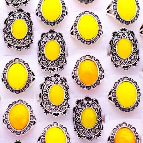 20 pcs/lot Vintage hollow Flower Ring Big Yellow Stone Rings For Women 2018 New Fashion Jewelry