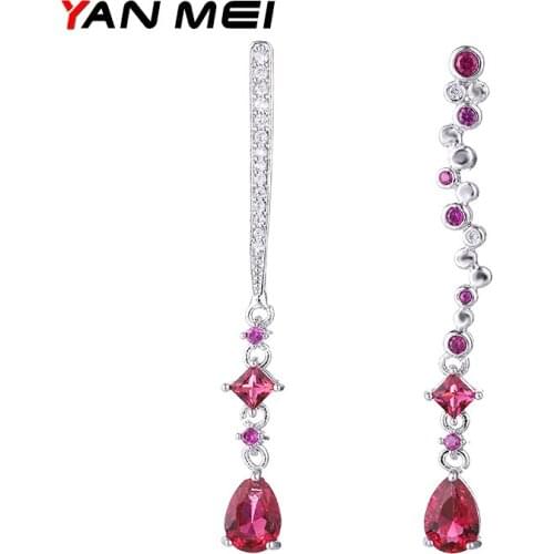 YANMEI Asymmetric Round And Square Dangle Earrings For Ladies Cubic Zirconia Earring Crystal Fashion Jewelry YME7743