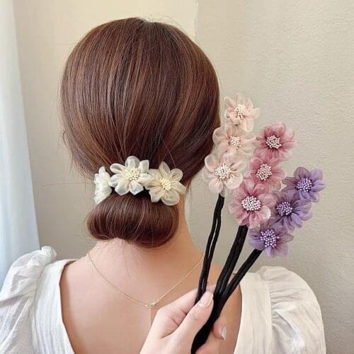 New Women Elegant Bud Chiffon Flowers Bun Maruko Hairstyles Tools Clip Barrette Sweet Headband Hairpins Fashion Hair Accessories
