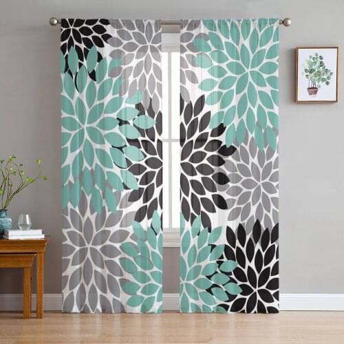 Green Dahlia Flower Print Sheer Window Panel Curtains Room for Living Room Bedroom Kitchen Room Chiffon Tulle Curtains