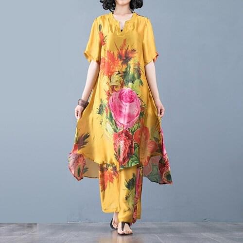 Chinese Style WomenS Clothing Summer 2020 Floral Print Pants And Blouse Set Long Shirt Female 2 Piece Sets Womens Outfits 11326