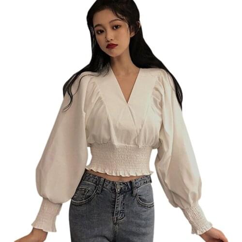Womens Solid Color V-Neck Sexy Slim Blouses Autumn Exposed Navel Elegant Long Sleeve Shirt Tops