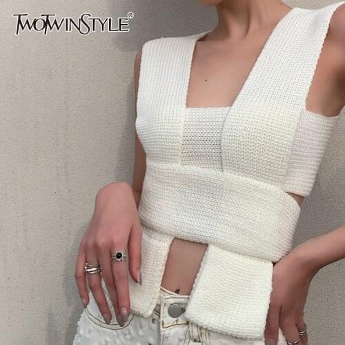 TWOTWINSTYLE Sexy Knitted Tops For Women Square Collar Sleeveless Hollow Out Solid T Shirt Female Fashion New Clothing Summer