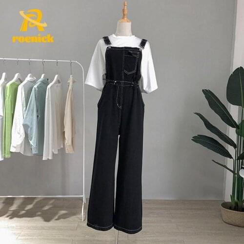 ROENICK Women Korean Black Denim Jumpsuits Loose Casual All-match Leisure Overalls Pocket Streetwear High Waist Harajuku Rompers