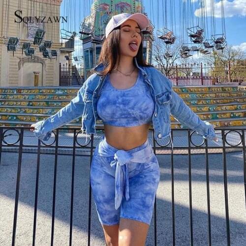 Summer Blue Pink Sporty Tie Dye Tracksuit Women Fashion Bow Knot Biker Shorts Skinny Outfits Sleeveless Crop Top Matching Sets