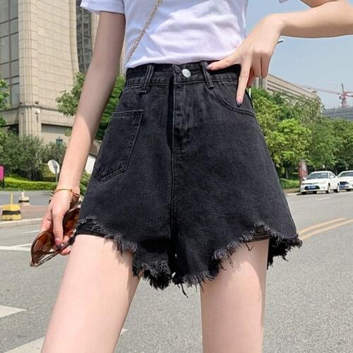 Zoki Vintage Black Gray Denim Shorts Tassel Casual Slim Wide Leg A Line Short Jeans Street Wear Summer Hot Fashion New 2021