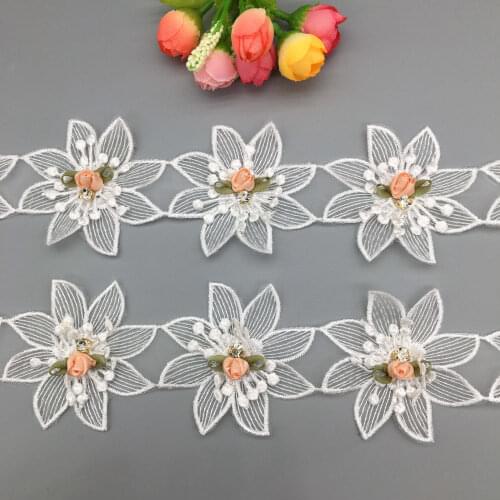 2 Yards White Diamond 3D Flower Lace Trim Fabric Lace Ribbon Embroidered Applique Sewing Craft Wedding Dress Clothes 6.5cm