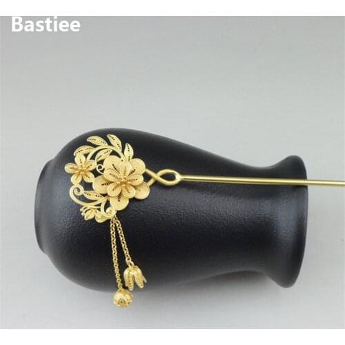 Bastiee Dangle 999 Sterling Silver Hmong Hair Stick For Women Golden Plated Ethnic Hair Step Shake Hmong Luxury Hairpin