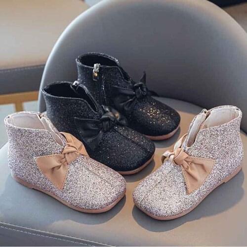 Baby Girls Glitter Boots PU Leather Round Toe Soft Outsole Spring Autumn Short Flat Boots Fashion Dress Shoes for Princess Kids